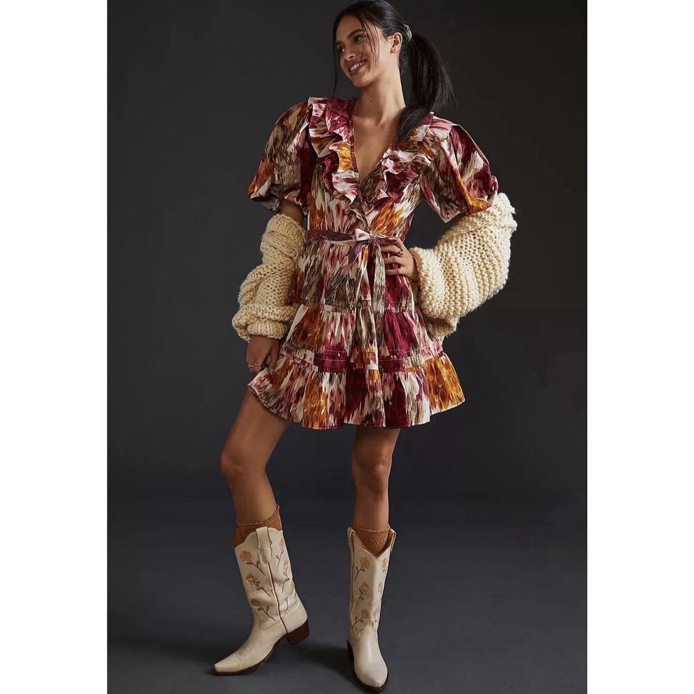 Anthropologie Love the Label Ruffled Mini Wrap Dress Ikat Large Puff Sleeve